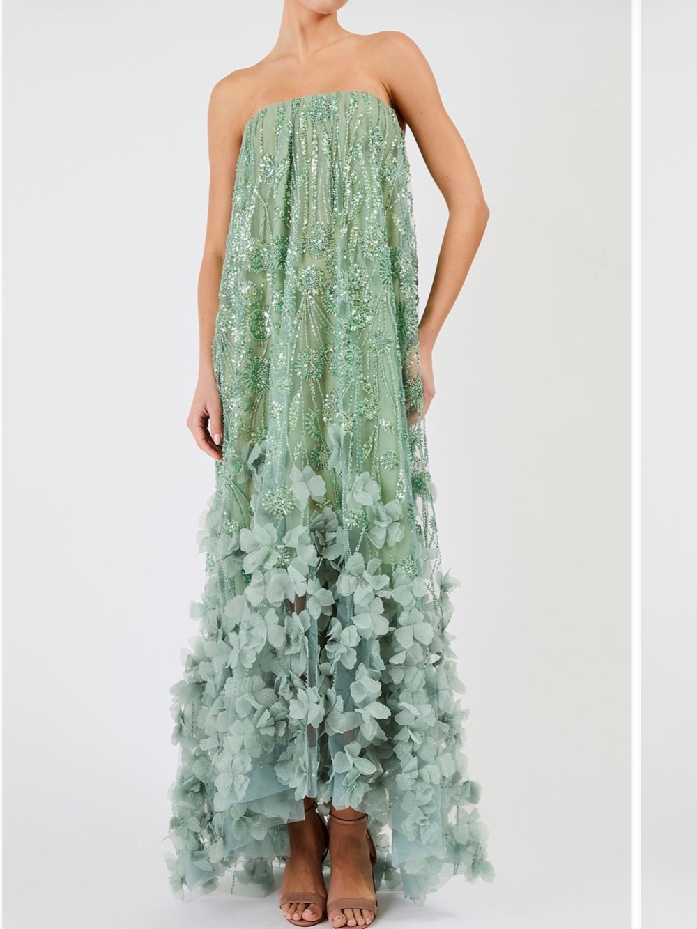 HELSI Alice Dress Strapless 3D Floral Sequin High Low Gown Sage Green